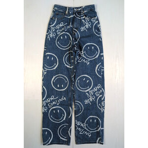 Smiley x H&M Women’s Size 2 High Rise Wide Leg Jeans Allover Print Baggy Denim